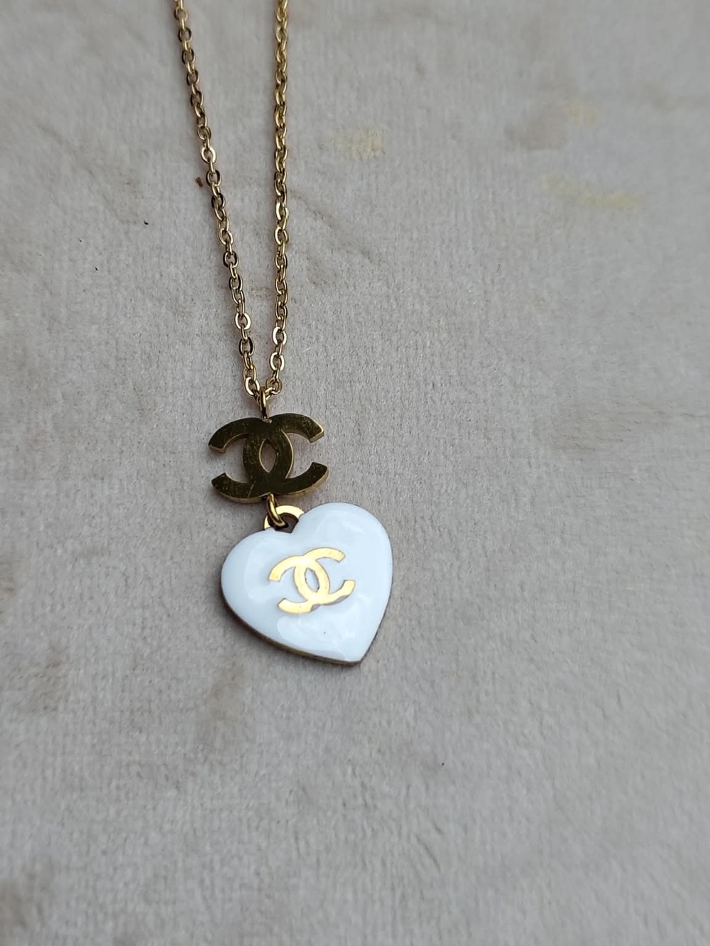 Gold-Tone White Heart Pendant Necklace with Double C Logo